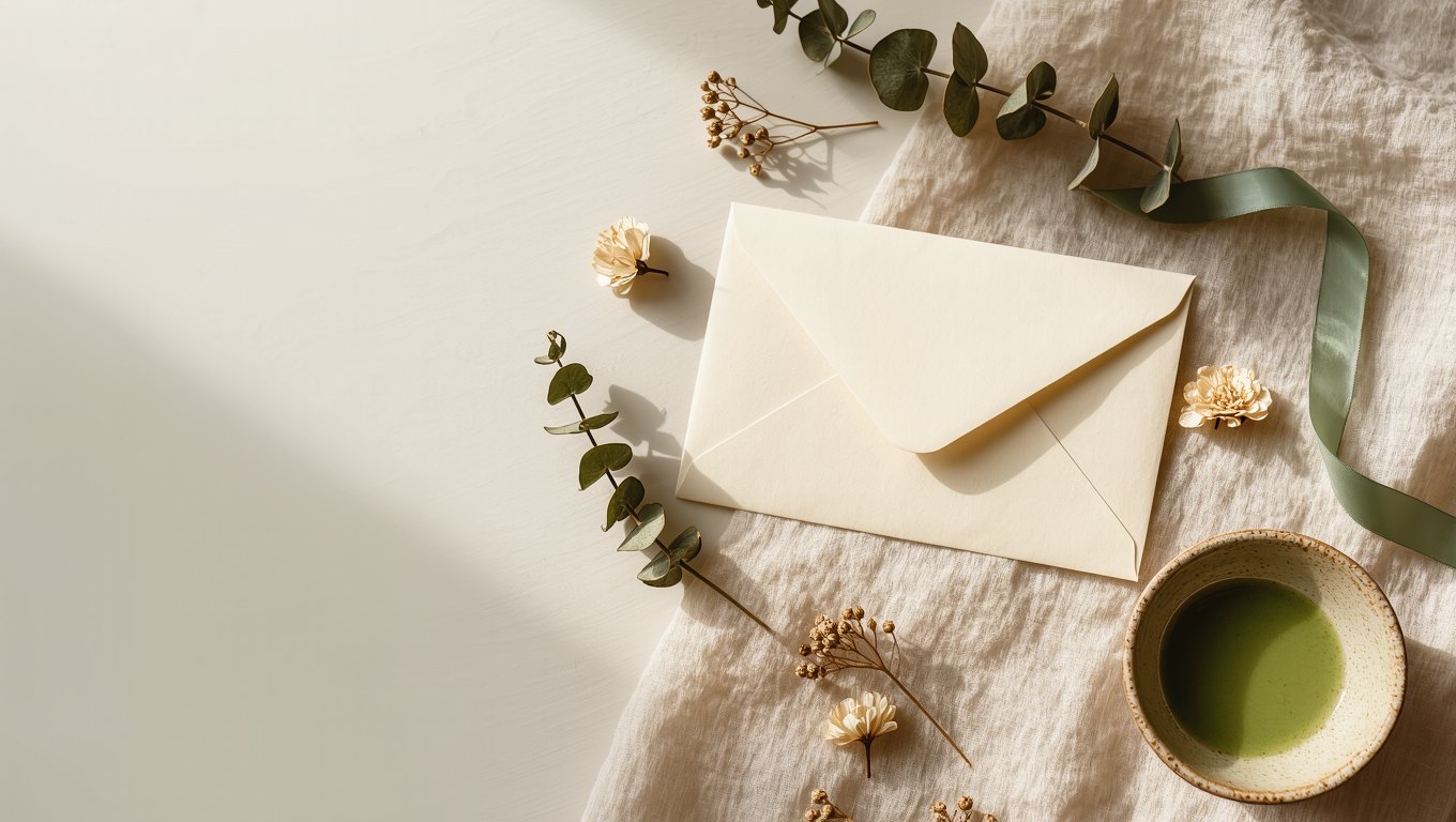 A Wax On Wax Off gift card with a cream envelope, matcha and dried florals