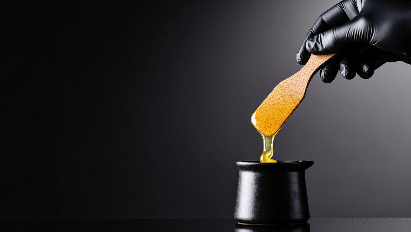 A gloved hand drawing warm wax from a matte black pot at Wax On Wax Off, Sea Point