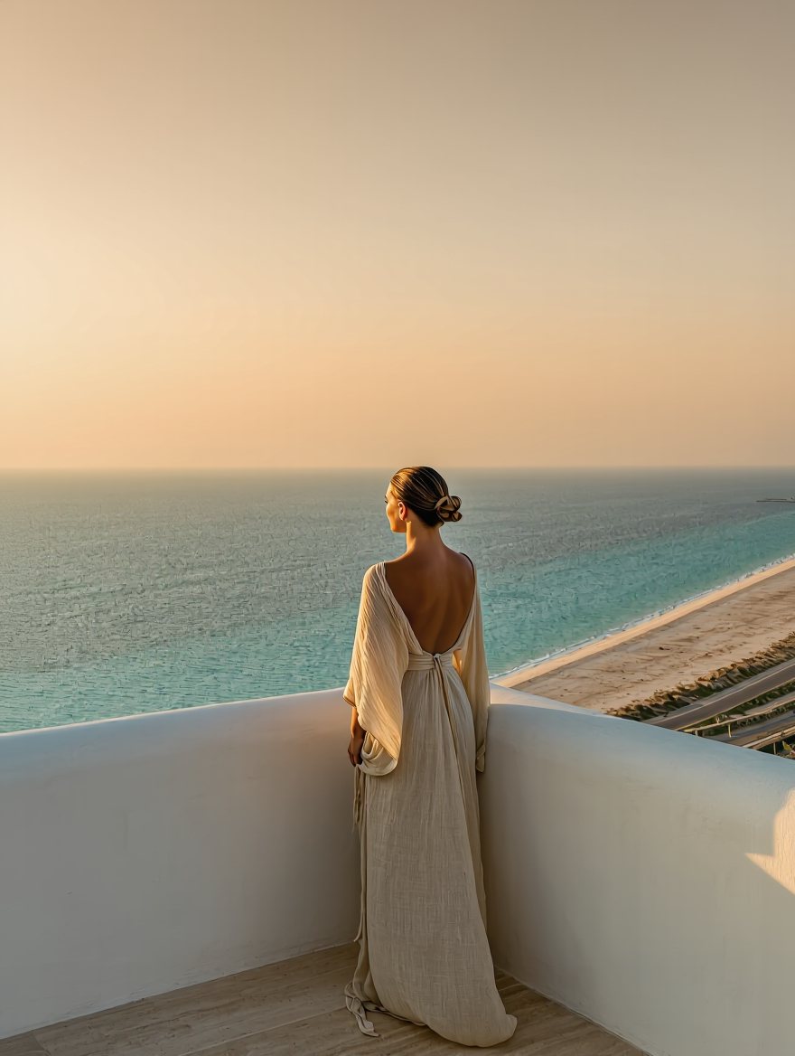 A woman on a resort balcony overlooking the sea at golden hour, the Smooth Escapes getaway